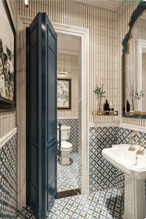 Bathroom Eclectic, Powder Bathroom Ideas, Toilet Design Modern, Japandi Bathroom, Indochine Interior, Eclectic Apartment, Green Tile Bathroom, New Bathroom Designs, Powder Bathroom