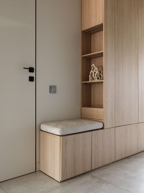 Shilova Studio /apartment :: Behance Japandi Foyer, Japandi Apartment, Entrance Apartment, Foyer Cabinet, Apartment Behance, Shoe Cabinet Design, Mudroom Storage, Entrance Furniture, Entryway Closet