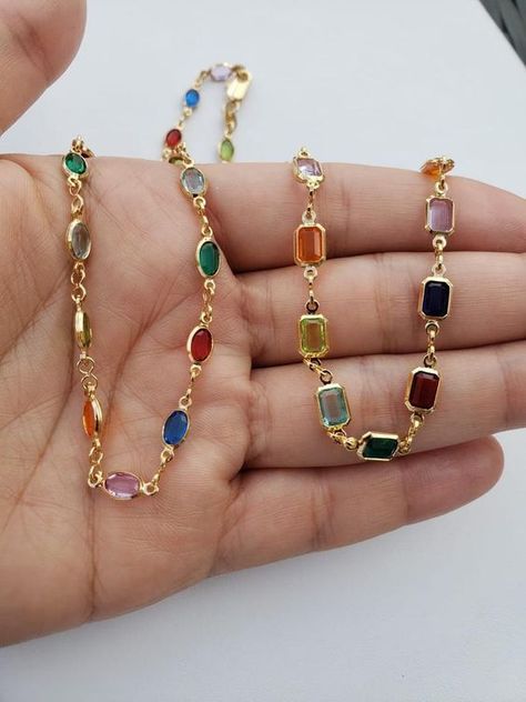 Colorful Pendant Necklace, Jewel Toned Jewelry, Gold Gem Necklace, Colorful Gold Necklace, Colorful Necklace Aesthetic, Trendy Tees For Women, Gem Necklace Stones, Rainbow Stone Necklace, Colorful Gold Jewelry