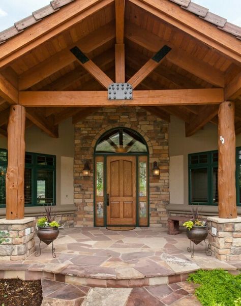 Peaked Front Porch, Timber Frame Porch, Metal Building House Plans, Mountain Home Exterior, Exterior Entry Doors, Ranch House Exterior, Lake Houses Exterior, Timber Homes, House Front Porch