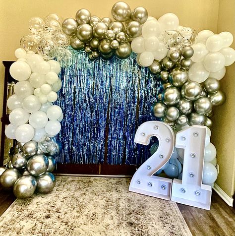 Blue. Balloons garland grey ballons white balloons number backdrop party decorations 21 twenty one photo backdrop Light Blue 21st Birthday Decorations, Blue 21st Birthday Decorations, Curtain Lights Backdrop, Mint Party Decorations, Lights Backdrop, Mint Party, 21st Ideas, Silver Balloons, Birthday Background Design