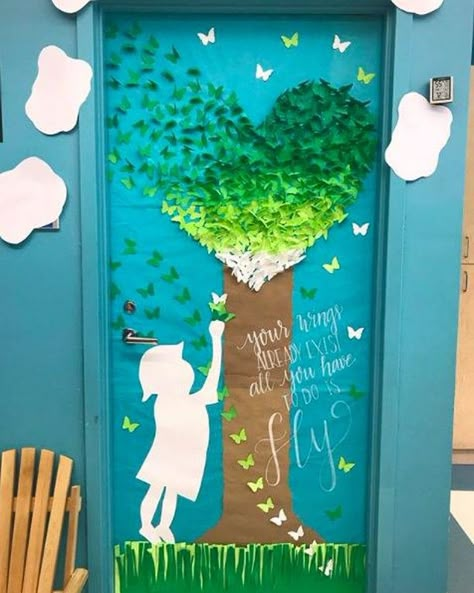 Spring Classroom Door, Classroom Door Ideas, Your Wings Already Exist, Preschool Door, Positive Classroom Environment, Fall Classroom Decorations, School Door Decorations, Spring Classroom, Teacher Doors