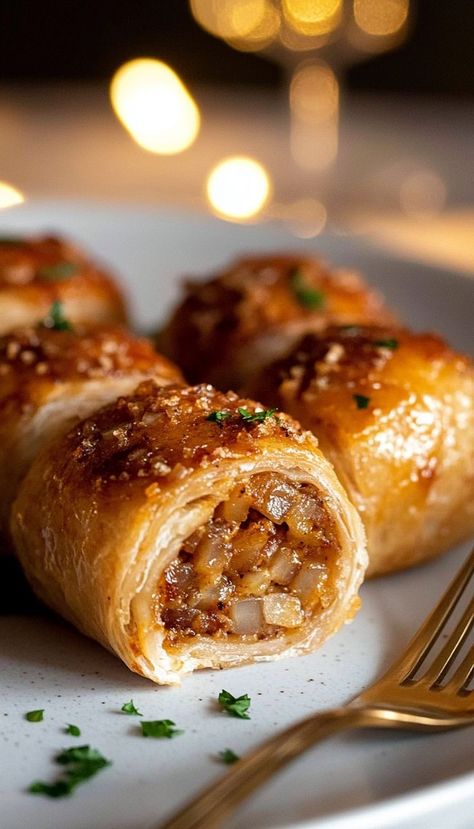 These Savory French Onion Sausage Rolls are the ultimate comfort food for fall! Wrapped in flaky pastry, they combine flavorful sausage and caramelized onions, making them perfect for cozy evenings. Great as an appetizer or main dish, they’re a delicious addition to your fall dinner ideas. Enjoy these rolls warm for a delightful experience that captures the essence of fall! French Onion Crescent Rolls, Winter Brunch Food Ideas, Caramelized Onion Appetizer, Savory Flavor Combinations, Stuffed Pastry Savory, Pioneer Woman Sausage Rolls, Christmas Entrees Appetizers, Savory Cinnamon Recipes, French Onion Sausage Rolls