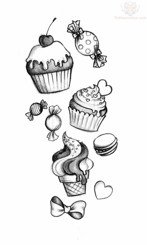 Ice Cream Tattoo, Candy Tattoo, Cupcake Tattoos, Candy Drawing, Fancy Writing, Cupcake Drawing, Ice Crea, Kunst Tattoos, Sweet Tattoos