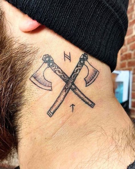 Viking axes #barbaraalt #barbaraalttattoo #tattoo #bpinkdiva #pinkdiva #axes #vikingaxes #viking #vikingtattoo #necktattoo #runes… Viking Tattoos For Men, Norse Mythology Tattoo, Scandinavian Tattoo, Viking Tattoo Symbol, Viking Tattoo Sleeve, Vikings Tattoo, Rune Tattoo, Warrior Tattoos, Norse Tattoo