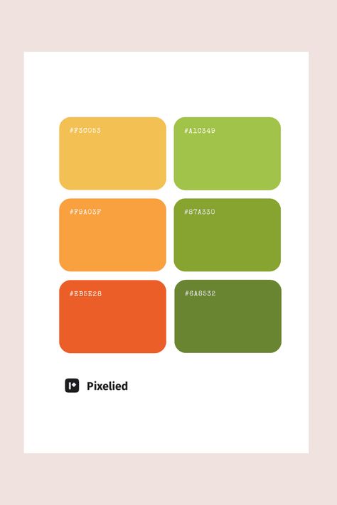This Orange and Green Pastel color palette features warm, vibrant shades of orange and yellow, complemented by earthy greens. Ideal for energetic and nature-inspired designs, it combines warmth with a touch of freshness. Green And Orange Pallet Color, Green Palette Pastel, Green And Yellow Pallet Color, Matcha Pallete Color, Yellow Green Pallete, Color Pallete Green Orange, Green Tea Color Palette, Fresh Green Color Palette, Green Orange Yellow Palette