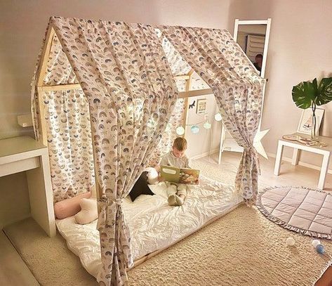 Dealtops Tent Floor Bed 🔆 #MontessoriBed #ChildFurniture #ToddlerRoomDecor #NaturalMaterials #WoodenToys #KidsRoomInspiration #MontessoriHome #EcoFriendlyKids #ToddlerSleep #ParentingIdeas Montessori Bed Teepee, Tent For House Bed, Childrens Bed With Canopy, House Bed Canopy Ideas, Play Tent Decor, Diy House Bed Canopy, Montessori House Bed Decor, Canopy House Bed, Toddler House Bed Girl