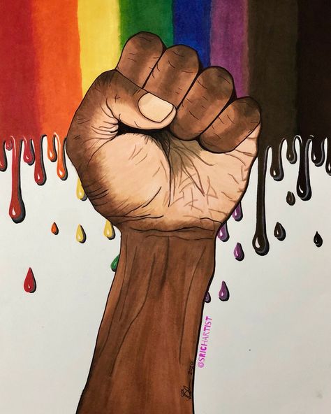 Black power fist in foreground. Inclusive Pride flag in background : red, orange, yellow, green, blue, purple, brown and black as dropping paint. Afro Queer Art, Queer Black Art, Queer Sketch, Gay Artist Aesthetic, Black Queer Art, Gcse Identity, Black Pride Art, Pride Artwork, Black Female Artists