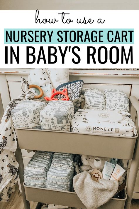 Nursery storage cart, nursery utility cart, rolling cart for the nursery, diaper cart, 3 tiered cart nursery Utility Cart For Nursery, Nursery 3 Tier Cart, Nursery Side Table Organization, Infant Storage Ideas, Nursery For Small Room, Nursery Utility Cart Organization, Small Space Twin Nursery, Pumping Station Cart, Baby Storage Cart