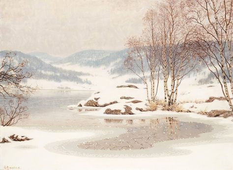 Gustaf Adolf Christensen Fjæstad (1868-1948) — Snow on the Frozen Lake (1600×1174) Frozen Lake Illustration, Frozen Lake Drawing, Frozen Lake Painting, Gustaf Fjaestad, Scandinavian Paintings, Winter Illustrations, Snow Lake, Oil Painting Gallery, Oil Painting Supplies