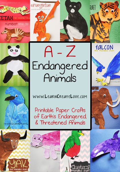 A-Z Endangered Animal Crafts | LearnCreateLove.com Endangered Animals Lessons, Endangered Species Activities, Endangered Animals Activities, Endangered Animals Project, Zoo Animal Crafts, Animal Lessons, Free Printable Crafts, Animal Art Projects, Animal Crafts For Kids