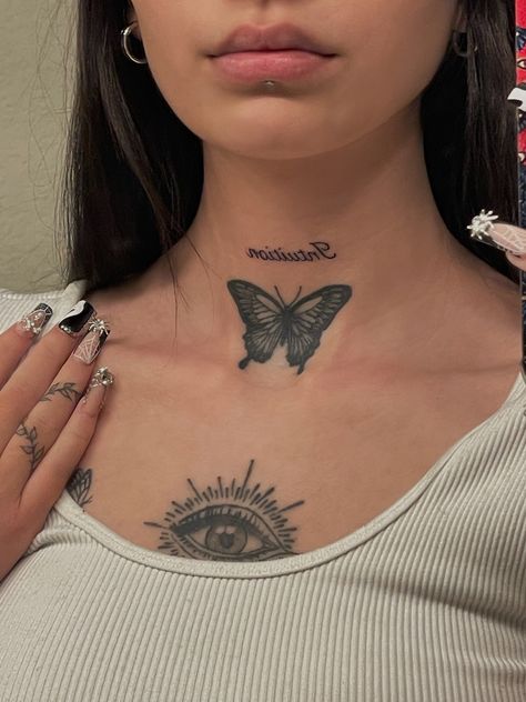 Women Throat Tattoo Small, Woman Neck Tattoo Ideas, Neck Tattoos Women Front Throat, Under Throat Tattoo, Throat Tattoo Butterfly, Lower Throat Tattoo, Tattoo Throat Woman, Dainty Throat Tattoos For Women, Butterfly Tattoo On Throat