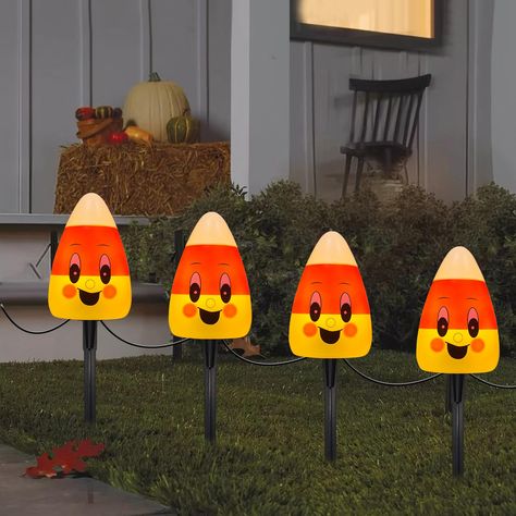 PRICES MAY VARY. ✨Halloween Pathway Lights Outdoor: 7 Ft Halloween decorations walkway markers lights with 4 corncob lights and 4 stakes, 24 inch lead with male plug, 12 inch spacing between candy cob lights, 6 inch tail with female connector, total length 7 feet. fall decorations outdoor string lights an illuminated path thanksgiving and creepy Halloween atmosphere. ✨End to end connectable: Each strands outdoor pumpkin stake lights 2.4 watts, halloween pathway stake lights can connect up to 180 Simple Halloween Yard Decor, Cute Halloween Decor Outdoor, Cute Outdoor Halloween Decorations, Simple Halloween Decor Outdoor, Halloween Home Decor Outdoor, Outdoor Halloween Decor Front Yards, Cute Halloween Decorations Outdoor, Simple Outdoor Halloween Decor, Cob Lights