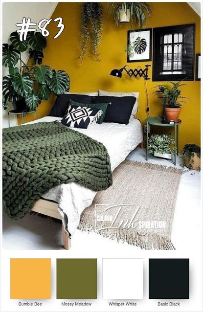 83 Mustard Bedroom, Yellow Bedroom, Bedroom Color Schemes, Yellow Walls, Bedroom Green, Bedroom Colors, Room Colors, Bed Design, Colorful Interiors