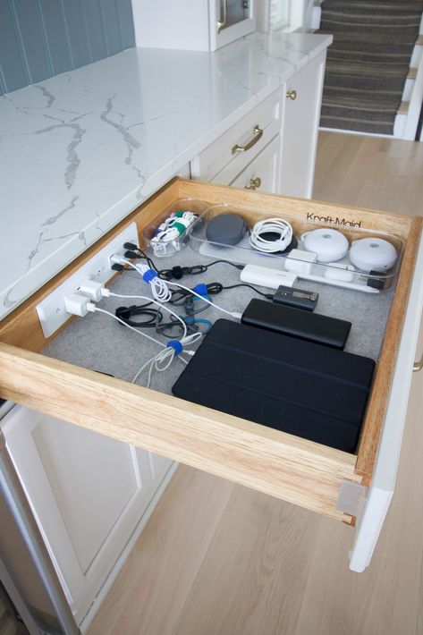 K Pod Drawer, Kitchen Charging Drawer, Build Kitchen Drawers Diy, Diy Kitchen Drawers How To Build, Charging Station In Mudroom, Things To Add To Your Kitchen Remodel, Charging Station In Cabinet, Mudroom With Charging Station, Charging Station Mudroom