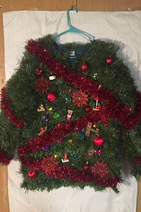 Making Ugly Christmas Sweaters, Homemade Ugly Christmas Sweater, Ugly Christmas Sweater Diy Funny, Ugly Christmas Sweater Outfit, Tacky Christmas Party, Christmas Tree Light Up, Funny Christmas Outfits, Ugly Christmas Sweater Contest, Christmas Sweater Outfits