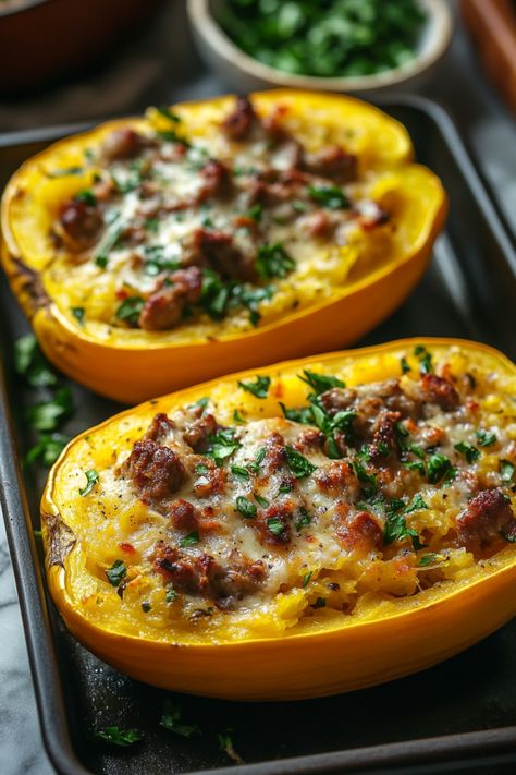 Baked spaghetti squash stuffed with sausage, cheese, and herbs on a baking sheet. 21 Day Fix Spaghetti Squash, Creamy Garlic Spaghetti Squash Casserole, Kielbasa And Spaghetti Squash, Aip Spaghetti Squash, Ground Chicken Spaghetti Squash Recipes, Spaghetti Squash Main Dish Recipes, Miso Spaghetti Squash, Baked Stuffed Spaghetti Squash, Spaghetti Squash Meals Dinners