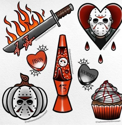 Cute Horror Movie Tattoos, It Movie Drawings, Friday The 13th Flash Sheet, Friday The 13th Tattoo Jason, Friday 13th Tattoo Flash, Horror Flash Tattoo, 13th Tattoo Ideas, Friday The 13th Tattoo Ideas, Horror Jacket