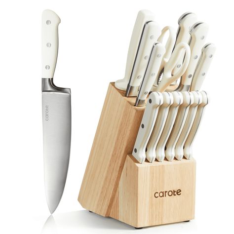 Buy CAROTE 14 Pieces Knife Set with Wooden Block Stainless Steel Knives Dishwasher Safe with Sharp Blade Ergonomic Handle Forged Triple Rivet-Pearl White at Walmart.com Best Kitchen Knife Set, Kitchen Cooktop, Toples Kaca, Driven By Decor, Desain Pantry, Best Kitchen Knives, تصميم للمنزل العصري, Pots And Pans Sets, Knife Block Set