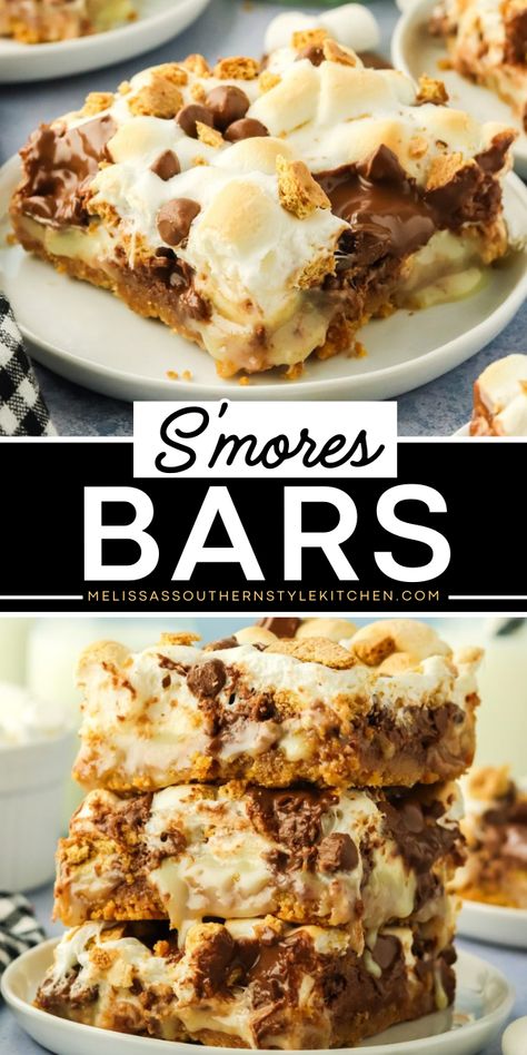 Easy to make fun summer dessert! This S'mores Bars recipe features a soft and chewy marshmallow-filled bar packed with melted chocolate atop a buttery graham cracker crust. Pack these S’mores bars and take them to picnics or for easy Labor Day party food! S'mores Cookie Bars, S’mores Cookie Bars, Treat Recipes Desserts, Portable Dessert, S Mores Bars, Marshmallow Chocolate, Best Pecan Pie, Chocolate Chip Pecan Cookies, Dessert Bar Recipe