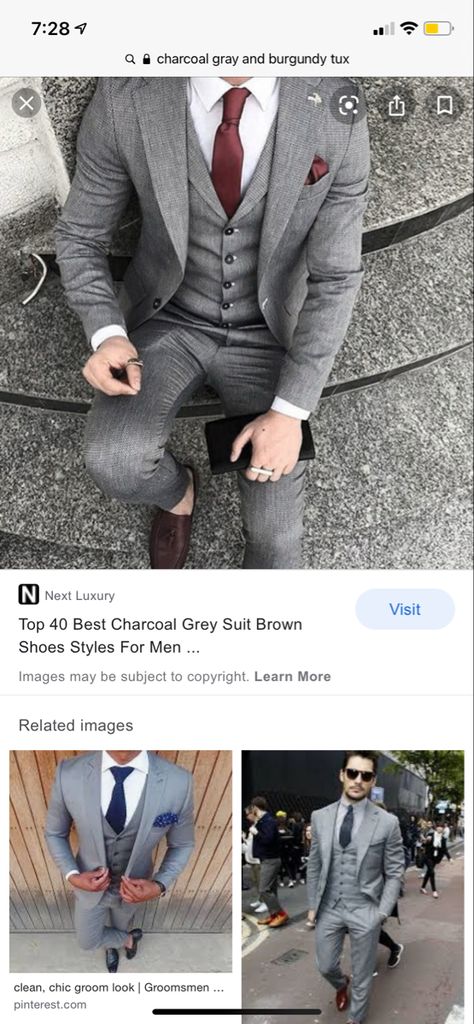 Grey Burgandy Suit, Gray Suit With Burgundy Tie, Light Grey Suit Men, Grey Suit Brown Shoes, Burgundy Tux, Grad Suits, Gray Groomsmen Suits, Prom Tux, Suit For Men Wedding