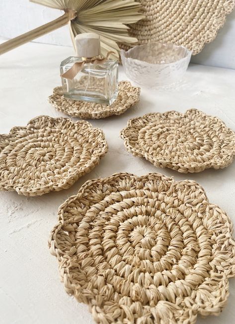 Set of Scallops Natural Coaster Flower Raffia Boho Coaster image 10 Table Chargers, Coaster Crochet, Rustic Coasters, Natural Weave, Table Coasters, Rustic Theme, Crochet Coasters, Local Artisans, Nature Wall Art