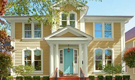 Valspar - Churchill Hotel Ivory 3007-8C , Betsy's Linen 7005-16 , Lake Breeze 5007-7B Modern Exterior Paint Colors, Exterior Paint Color Schemes, Exterior Color Palette, Exterior House Color, Door Paint Colors, Exterior Modern, Exterior Paint Color, Yellow House, Exterior Color Schemes