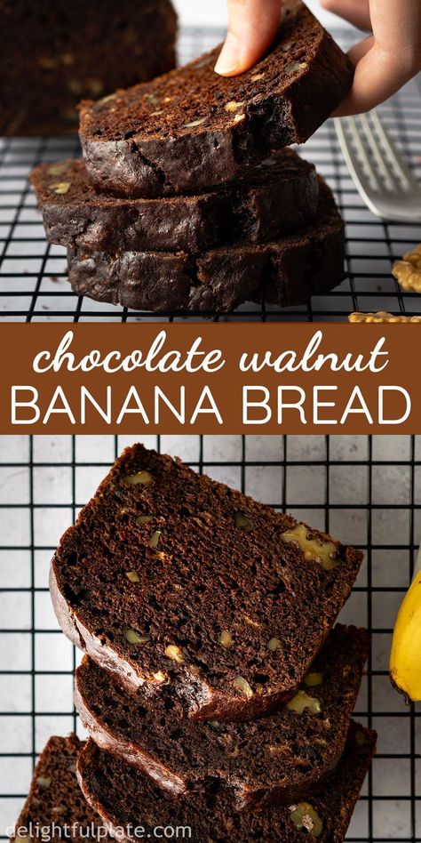 This Chocolate Walnut Banana Bread is so delicious and tender with a chocolatey flavor and wonderful aroma from winter spices. Great as either as breakfast, dessert or mid-day snack. Suitable for every day as well as holidays. #bananabread #bakingrecipes #christmas #holidaybaking Easy Chocolate Banana Bread, Walnut Banana Bread, Pembuat Roti, Banana Fritters, Fritter Recipes, Chocolate Banana Bread, Bread Recipes Sweet, Banana Recipes, Dessert Bread