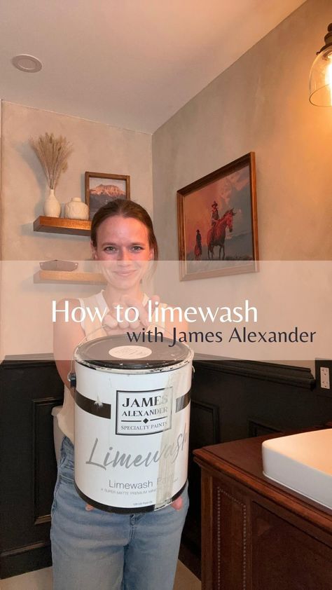 Ok, here’s all the details! But first be sure to save this to refer back to when you’re ready to take on your own limewashing project! When I settled on a western theme for my basement bathroom, I had no idea how to bring my vision to life. Enter limewash paint by James Alexander! To get started lime washing, you first need to prep your walls and tape your edges. Then apply the primer. Do not skip this! The primer creates a porous surface for the limewash to adhere to. Now it’s time to ... Bathroom Limewash Walls, Limewash Living Room Ideas, Powder Room Limewash, Lime Wash Bathroom Walls, Lime Wash Bathroom, Limewash Bathroom, James Alexander Limewash, Lime Wash Walls, Limewash Walls