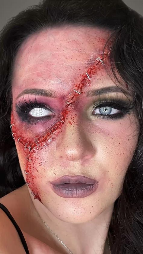 Halloween Sfx makeup 
 • Stapled back together 
 • Scary Halloween makeup 
 • Special effects makeup Maquillage Halloween Zombie, Halloween Sfx Makeup, Makeup Special Effects, Bride Of Frankenstein Makeup, Pirate Makeup, Halloween Sfx, Scar Makeup, Zombie Halloween Makeup, Scary Halloween Makeup