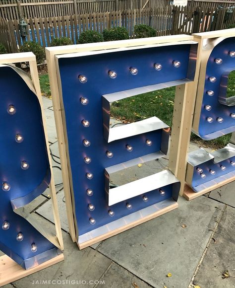 A DIY tutorial to build giant marquee letters. Make a statement with large marquee letters using my tutorial here. Marquee Sign Diy, Giant Marquee Letters, Large Marquee Letters, Diy Marquee Letters, Lighted Marquee Letters, Galaxy Slime, Giant Letters, Light Up Letters, Candy Land Theme