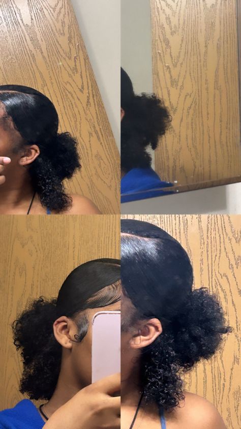 V-part ponytail with curls out in the back Ponytail With Curls, Natural Hair Bun Styles, Short Box Braids Hairstyles, Quick Natural Hair Styles, Edges Hair, Braided Bun Hairstyles, Cute Curly Hairstyles, Dyed Hair Inspiration, Girls Natural Hairstyles