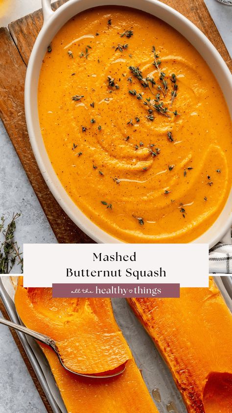 This Mashed Butternut Squash recipe is sweet, creamy, and full of warm spices for a flavorful side dish perfect for holiday celebrations and weeknight dinners! Citrus Herb Roasted Turkey, White Cheddar Mashed Potatoes, Mashed Squash, Savory Butternut Squash, Mashed Butternut Squash, Butternut Squash Cinnamon, Butter Mashed Potatoes, Butternut Squash Recipe, Healthy Thanksgiving Recipes