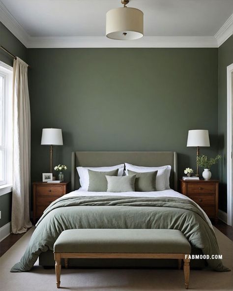 20 Green Bedroom Ideas for Every Style - Fab Mood | Wedding Color, Haircuts & Hairstyles | Nails | Colours Olive Green Bedroom Walls Color Pallets, Bedroom Paint Ideas Master Color Schemes Green, Green Wall Colors Bedroom, Olive Green Bedroom Paint, Green Color Drenched Bedroom, Simple Green Bedroom, Green Paint For Bedroom, Green Paint Bedroom, Boys Green Bedroom