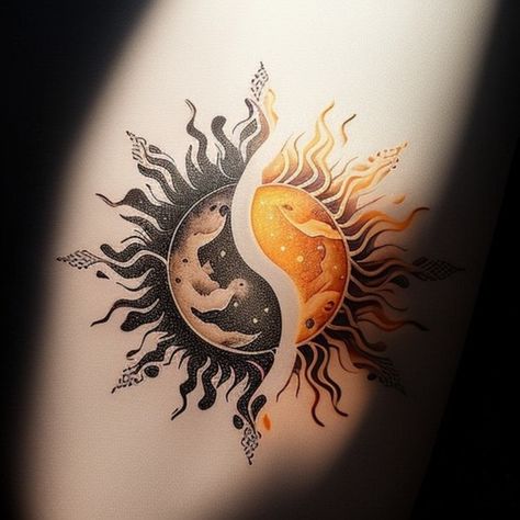 Hand Tattoos Sun And Moon, Moon And Sun Hand Tattoo, Sun Moon And Stars Painting, Sun Tattoo With Color, Polarity Tattoo, Sun And Moon Ying Yang Tattoo, Moon Design Tattoo, Cool Sun Tattoos, Moon And Sun Tattoo Designs