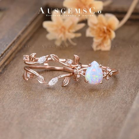 Vintage Opal Engagement Ring Set Rose Gold Vine Leaf Double - Etsy Australia Double Wedding Bands, Vintage Opal Engagement Ring, Opal Engagement Ring Set, Enhancer Ring, Wedding Band Women, Opal Engagement Ring, Double Wedding, Detailed Engagement Ring, Opal Engagement