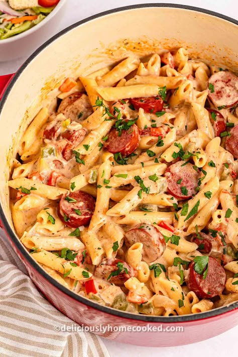 Cooked Sausage Recipes Dinners, Keilbasa Recipes Pasta Cajun, Summer Sausage Dinner Recipes, Kielbasa And Peppers Recipes, Creamy Garlic Sausage Pasta, Polo Sausage Recipes, Pork Kielbasa Recipes, Kielbasa Noodle Recipes, Kelbeisa Sausage Crockpot Recipes