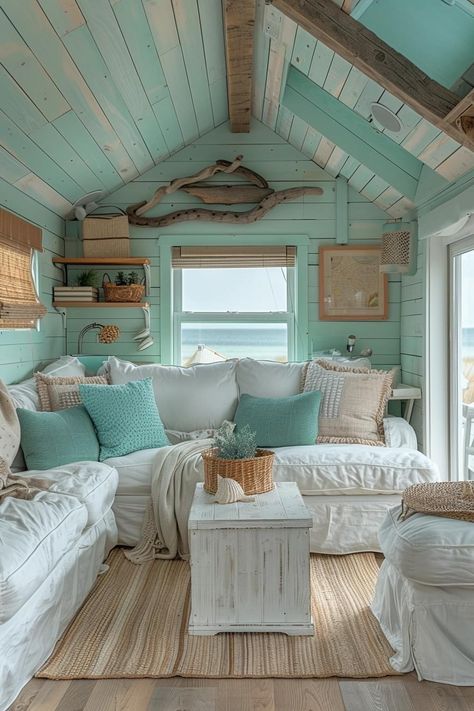 Seaside Living Room, Small Beach Cottages Interior, Teal Beach House, Turquoise Beach House, Beach House Apartment, Beach Couch, Seaside Room, Costal Bedroom, Beach Room Decor