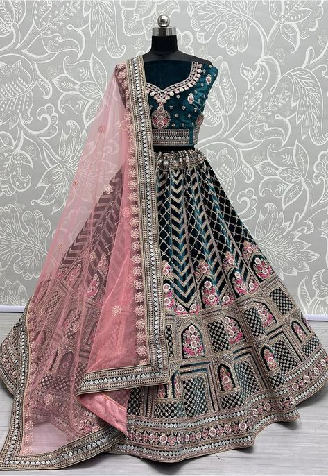 Embroidered Velvet Lehenga in Teal Blue Velvet Lehenga Choli, Lehenga Pink, Fancy Lehenga, Ghaghra Choli, Bridesmaid Lehenga, Bridal Lehenga Designs, Velvet Lehenga, Reception Lehenga, Bollywood Lehenga