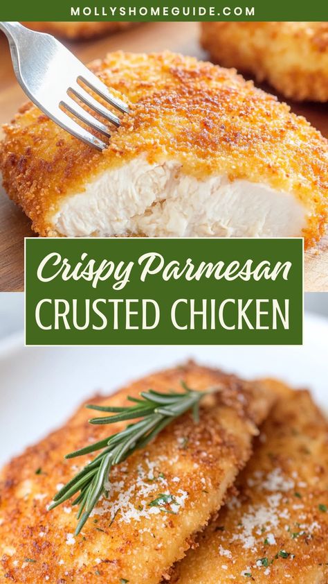 Discover the perfect weeknight meal idea with this delicious Parmesan-crusted chicken recipe. Crispy on the outside, juicy on the inside, this dish is a crowd-pleaser. The combination of savory Parmesan cheese and tender chicken will leave your taste buds craving more. With just a few simple ingredients and easy steps, you can have dinner on the table in no time. Pan Fried Parmesan Crusted Chicken, Chicken Breast In Oven Recipes, Breaded Chicken Breast Oven, Crispy Chicken Breast Recipes, Chicken Fillet Recipes Easy, Parmesan Crusted Chicken Oven, Parmesan Crusted Chicken Baked, Crusted Parmesan Chicken, Parmesan Crusted Chicken Breast