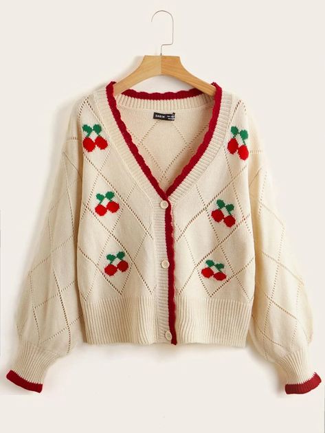 Cherry Pattern Contrast Trim Pointelle Knit Cardigan | SHEIN USA Plus Size Knitwear, Shoulder Cardigan, Cherry Pattern, Drop Shoulder Cardigan, Sweet Clothes, Knitting Women Cardigan, Pointelle Knit, Plus Size Cardigans, Patterned Cardigans