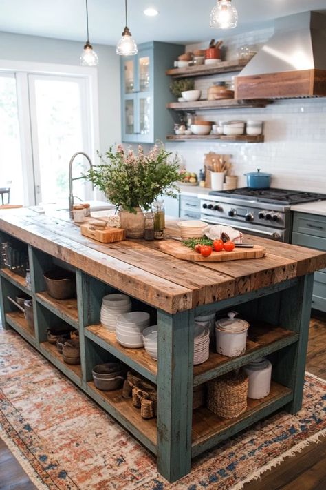 "Create a cozy and functional space with a Rustic Farmhouse Kitchen Island! 🍳🌾 Perfect for adding warmth, charm, and practicality to your kitchen. 🌟✨ #FarmhouseKitchen #RusticDecor #KitchenInspiration" Baking Island Kitchen, Old Farmhouse Kitchen Island, Diy Center Island, Small Farmhouse Kitchen With Island, Rustic Kitchen Island With Sink, Rustic Kitchens With Islands, Kitchen Island In Small Kitchen, Farmhouse Kitchen Island With Sink, Kitchen Farmhouse Island