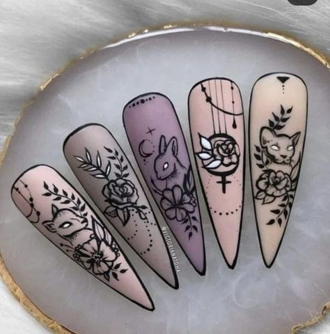 Nail Art Inspo Witchy, Matte Witchy Nails, Persephone Nail Art, Subtle Goth Nails, Tarot Nail Designs, Witchy Nails Coffin Shape, Goth Nail Art Designs, Occult Nail Art, Forest Witch Nails