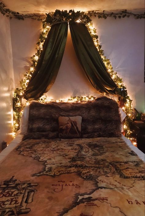 Forest Rooms Bedrooms, Elven Bedroom Ideas, Medieval Themed Bedroom, Druid Bedroom Aesthetic, Forest Aesthetic Bedroom Ideas, Lotr Room Aesthetic, Fae Home Decor, Shire Inspired Bedroom, Woodland Cottage Bedroom