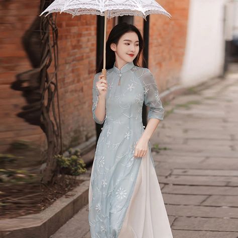 Qipao Dress Traditional, Blue Qipao, Modern Qipao, Dress Traditional, Floral Party Dress, Traditional Chinese Dress, Qipao Dress, Cheongsam Dress, Chinese Dress