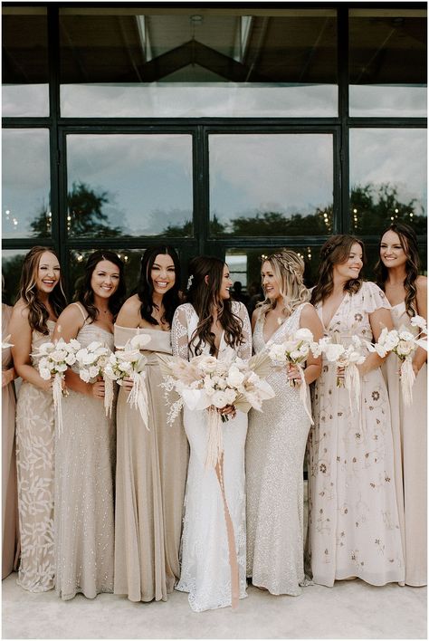 Katie + Phillip's blush and terracotta modern wedding at Mae's Ridge in Texas! Their boho wedding flowers stole the show with pampas grass and palms, and dried flowers. Long nude bridesmaid dresses, taupe bridesmaid dresses, mismatched bridesmaids, boho bridesmaid dresses Photos: @peytonrbyford // Venue: @maesridge // Design: Katie St. John (bride) // Planning: @heatherlaneevents // Dress: @loversxsociety Nude Bridesmaid Dresses, Taupe Bridesmaid, Women Standing, Neutral Bridesmaid Dresses, Texas Hill Country Wedding, Austin Texas Wedding, Bridesmaid Inspiration, Hill Country Wedding, Mismatched Bridesmaid Dresses