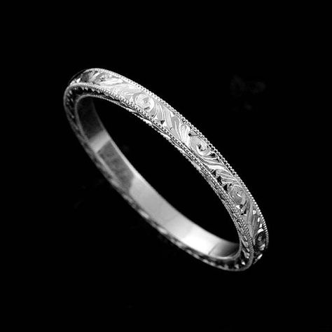 Eternity Platinum 950 Flat Hand Engraved Crafted And by OroSpot - $670 Cushion Cut Wedding Rings, Delicate Wedding Band, Milgrain Wedding Ring, Wedding Ring Cushion, Wedding Rings Art, Wedding Band Engraving, Engraved Wedding Rings, Stackable Wedding Bands, Platinum Wedding Band