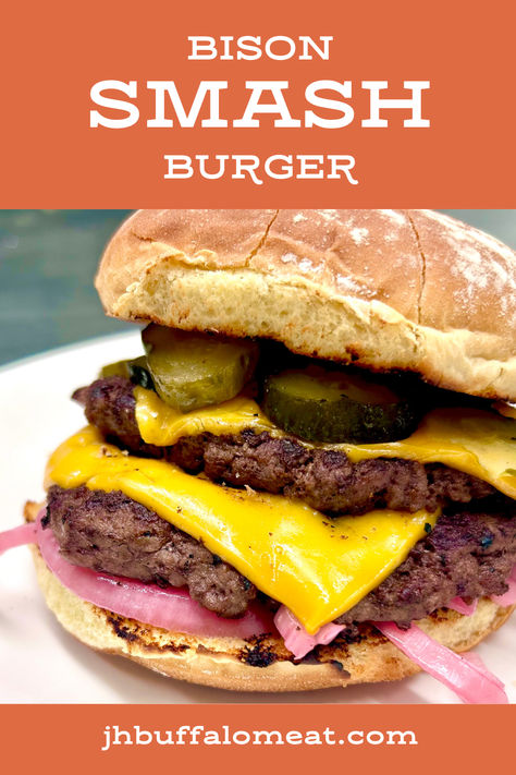 Juicy bison smash burger with cheese recipe Bison Smash Burger, Ground Bison Burger Recipe, Buffalo Burger Recipe, Buffalo Meat Recipes, Bison Burger Recipe, Ground Bison Recipes, Buffalo Burger, Bison Recipes, Smash Burger Recipe