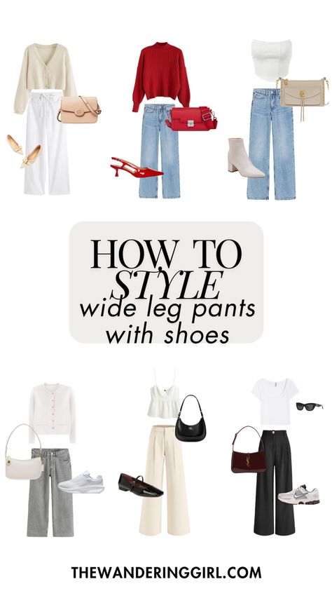 Save this pin for wide leg pants with shoes, wide leg pants with sneakers, wide leg jeans with shoes, flats with wide leg pants, shoes for black wide leg pants, sandals for wide leg pants, wide leg pants with vans, wide leg pants with new balance, wide leg yoga pants shoes, shoes for wide leg cropped pants, how to style wide leg pants with shoes, what to wear wide leg pants with shoes, and more! Tap to learn how to slay wide leg pants with shoes here! Wide Leg Loose Pants Outfit, Wide Leg Khakis Outfit, Shoes With Wide Leg Pants Fall, What To Wear Wide Leg Pants With, Wide Leg Pants Midsize Outfit, Wide Leg Sneakers Outfit, What Shoes To Wear With Wide Leg Cropped Pants, Shoes For Wide Leg Trousers, High Rise Wide Leg Pants Outfit