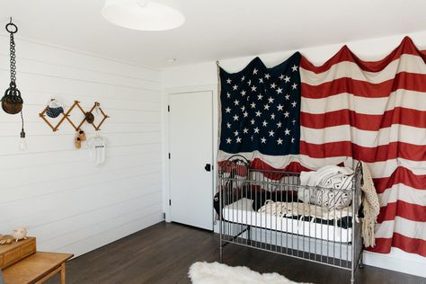 Red And White Nursery, American Flag Nursery, Red White And Blue Nursery, Americana Nursery Boys, Vintage Americana Nursery, America Nursery, Target Blanket, Americana Nursery, Restoration Hardware Crib